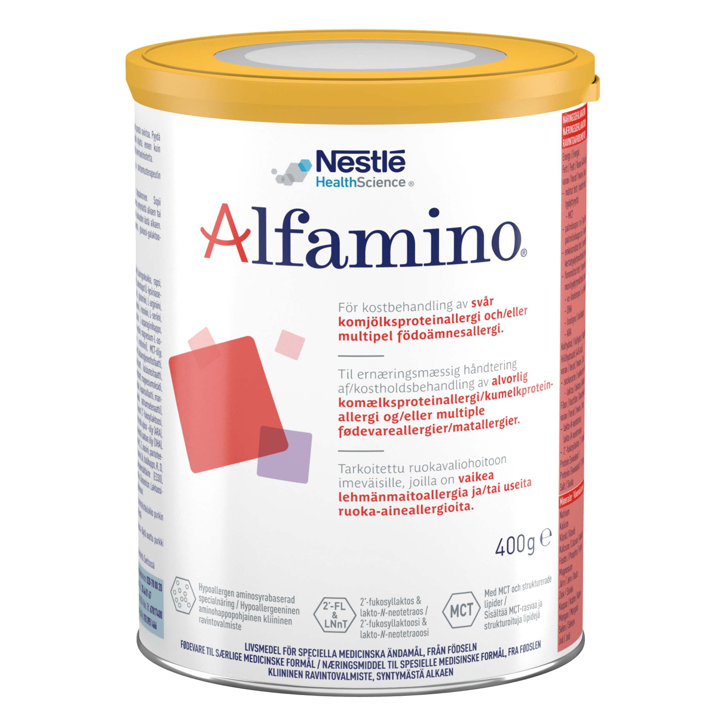 A can of Alfamino whey-based formula for infants with food allergies developed by Nestlé Health Science.