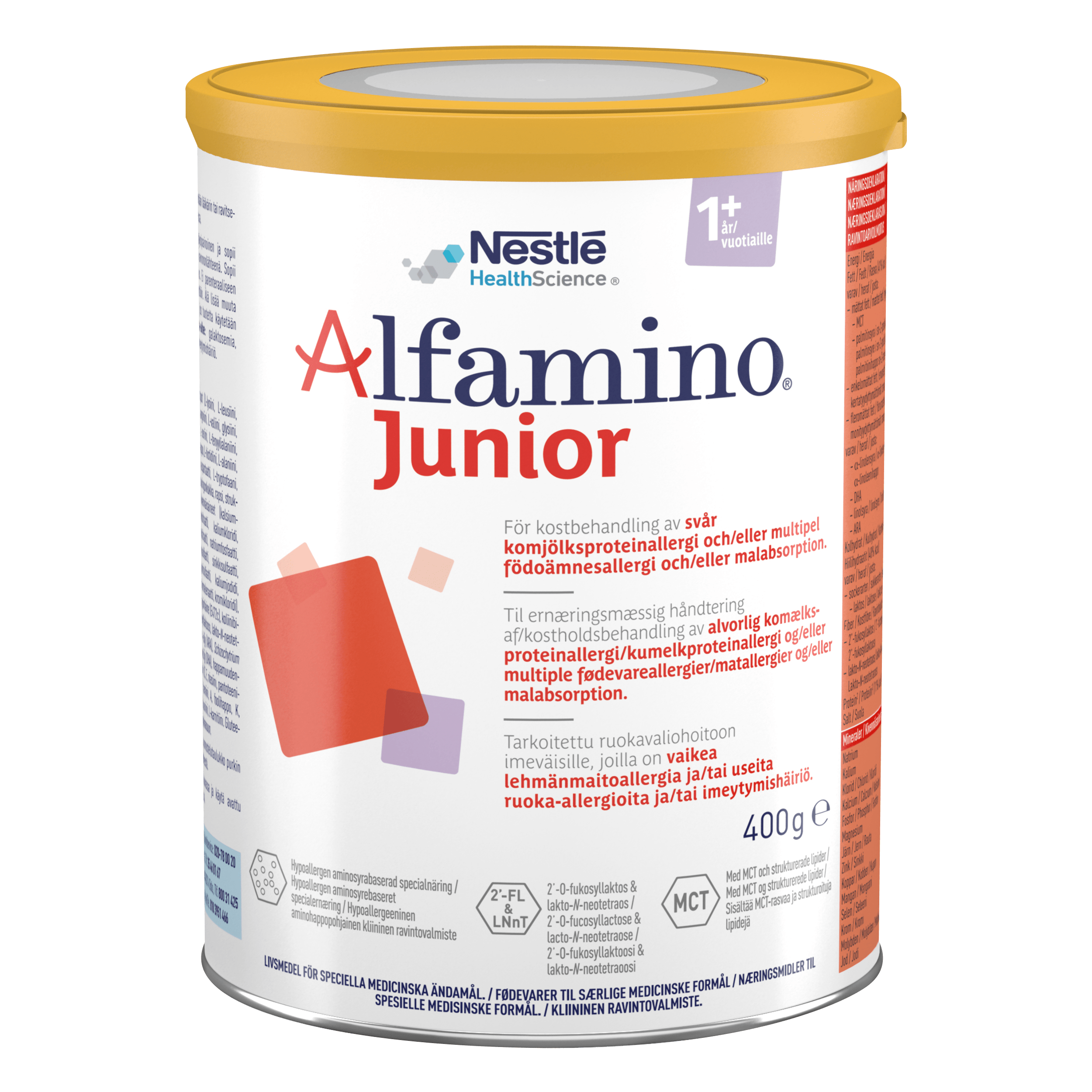 A can of Alfamino Junior HMO formula for children over 1 year old with food allergies, developed by Nestlé Health Science.