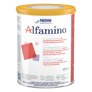 A can of Alfamino whey-based formula for infants with food allergies developed by Nestlé Health Science.