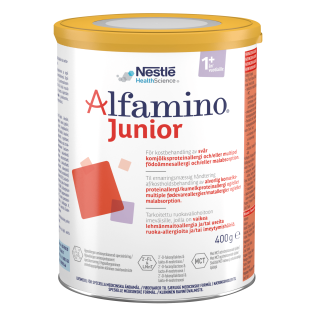 A can of Alfamino Junior HMO formula for children over 1 year old with food allergies, developed by Nestlé Health Science.